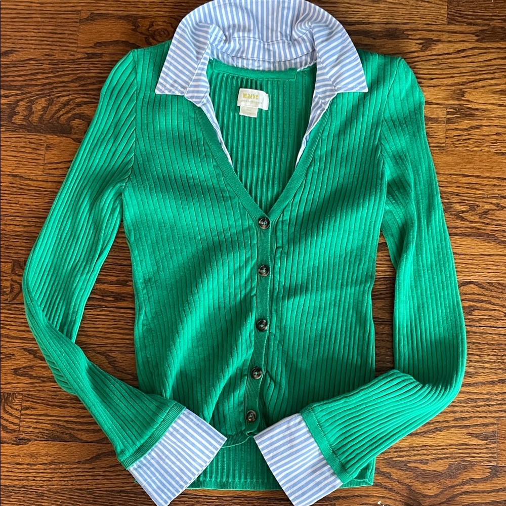 Maeve Vibrant Green Ribbed Sweater with Striped Detail